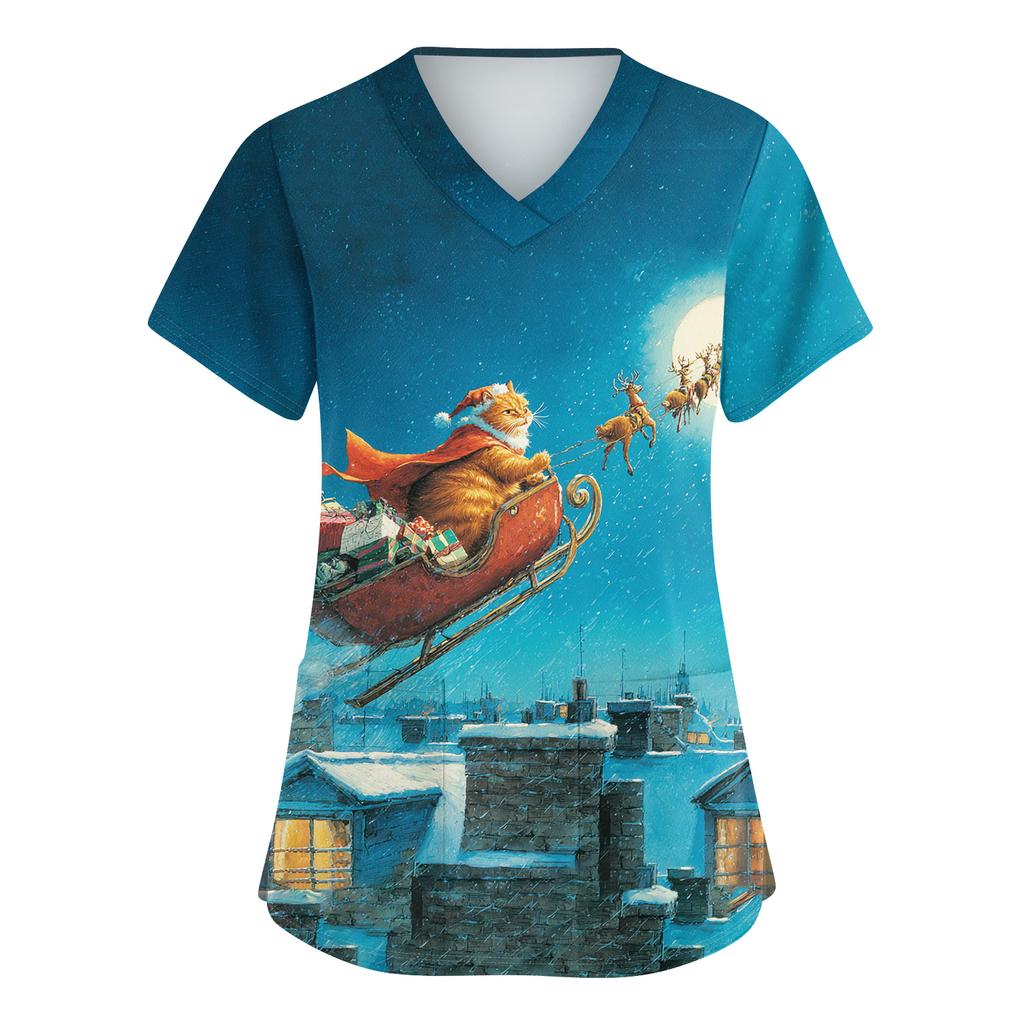 Women's Cute Bow Printed Work Clothes V-neck Double Layer Pockets Basic Short Sleeve Top Pullover