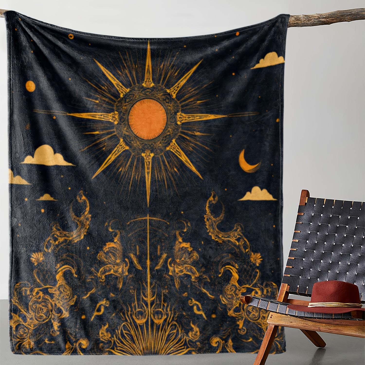 1pc Zeal Lily Flannel Blanket - Celestial Sun, Stars, Moon & Clouds Design in Navy Blue & Golden - Soft Luxury Throw for Couch 75x90cm28x35in