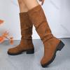 Fashion Boots for Women 2025 Spring Autumn Suede Thick Medium Heel Pleated Mid-calf Boots Casual Platorm Solid Slip on Knight Booties
