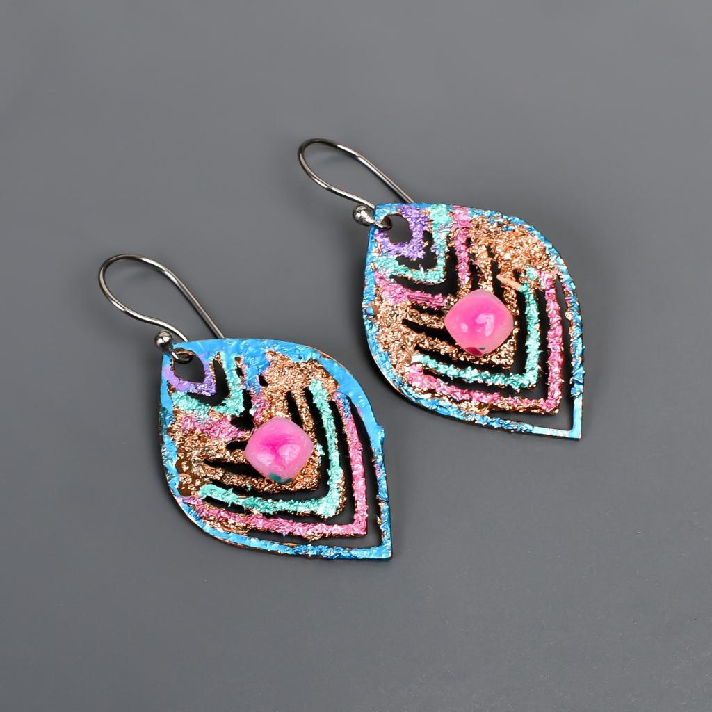 Natural Pink Sapphire Copper Multi Electroformed Art Deco Drop Dangle Earrings V-90