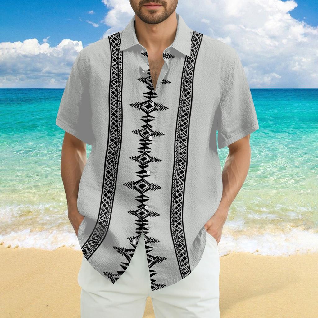Men's Fashionable Casual Loose Striped Printed Beach Short-sleeved Shirt