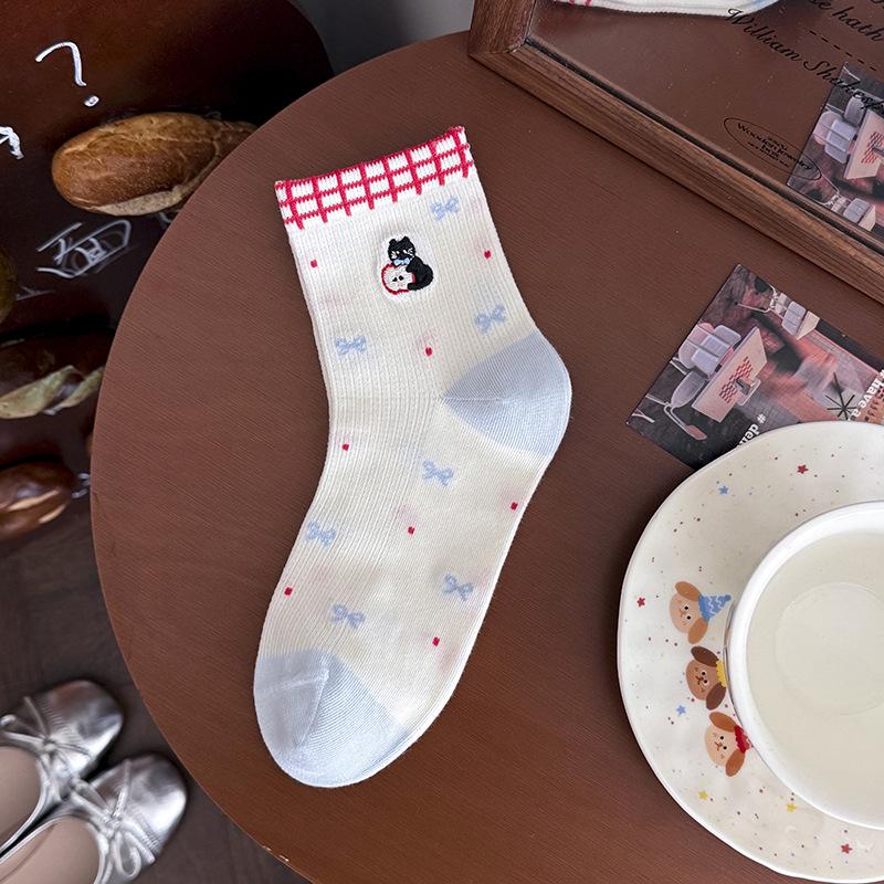 

Lace Polka Dot Cat Mid-Calf Cotton Socks - Spring/Autumn Style, Korean/Japanese Cute Trendy Women s Short Socks One Size