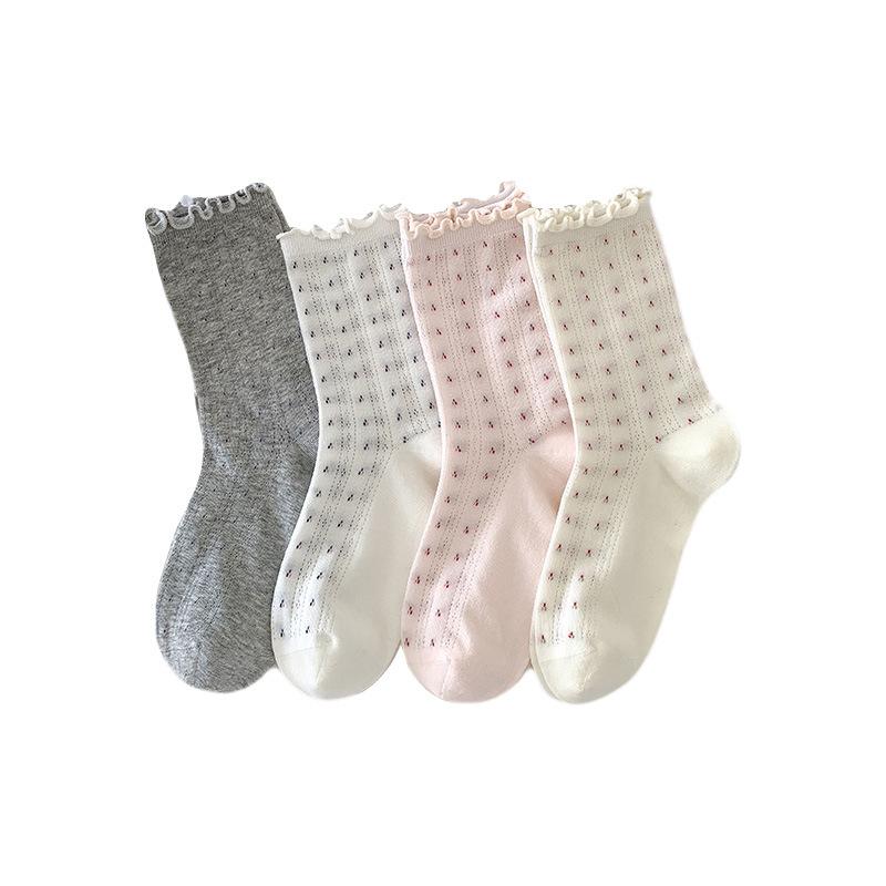 Female Spring and Summer Sweet with Small Broken Flowers and Wood Ear Mesh Breathable Boneless Tube Pile Socks