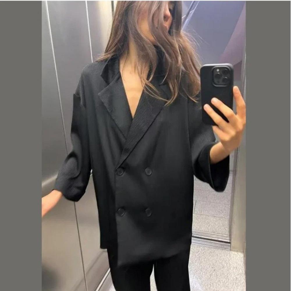VAYLA Autumn Women Casual Blazer Coat Pants Set Long Sleeve Double Breasted Blazer + Wide Leg Trousers Lady Office Outfit