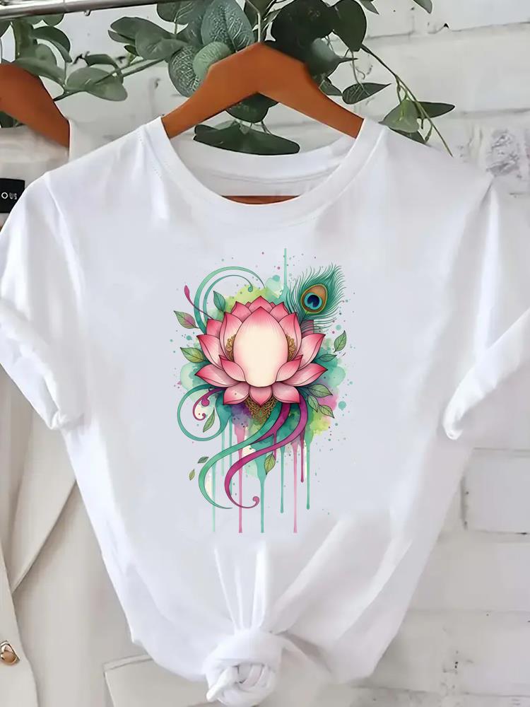 (Asian Size) Tee Lady Female Clothing T Shirt Printed Women Casual Fashion Feather Vintage Trend Top Graphic Short Sleeve T-shirts