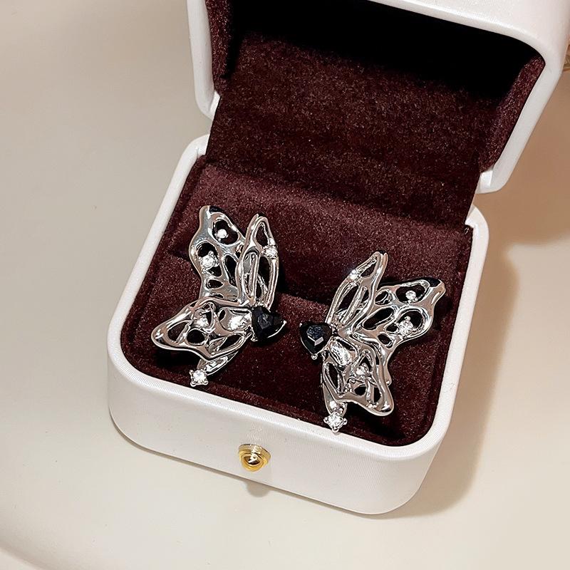 Black Zircon Hollow Butterfly Asymmetric Personality Creative Stud Earrings Fashion Metal Sweet Cool Temperament Stud Earrings