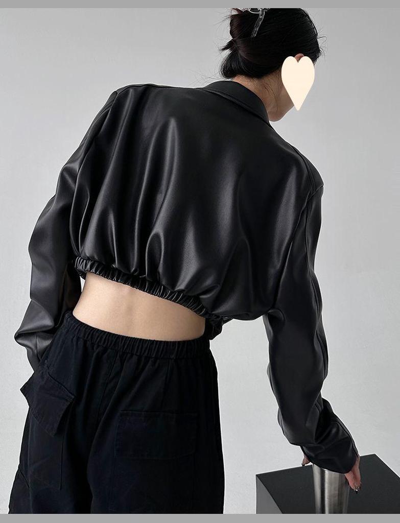 Women's American Retro Leather Jacket - Long Sleeve, Turn-Down Collar, 2025 Spring/Autumn, Sweet Cool Girl Motorcycle Style, Short Top