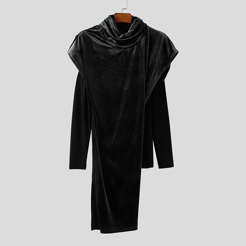 INCERUN Autumn Men High Neck Long Sleeve Fake Two-piece Velvet Casual Tops Pullovers