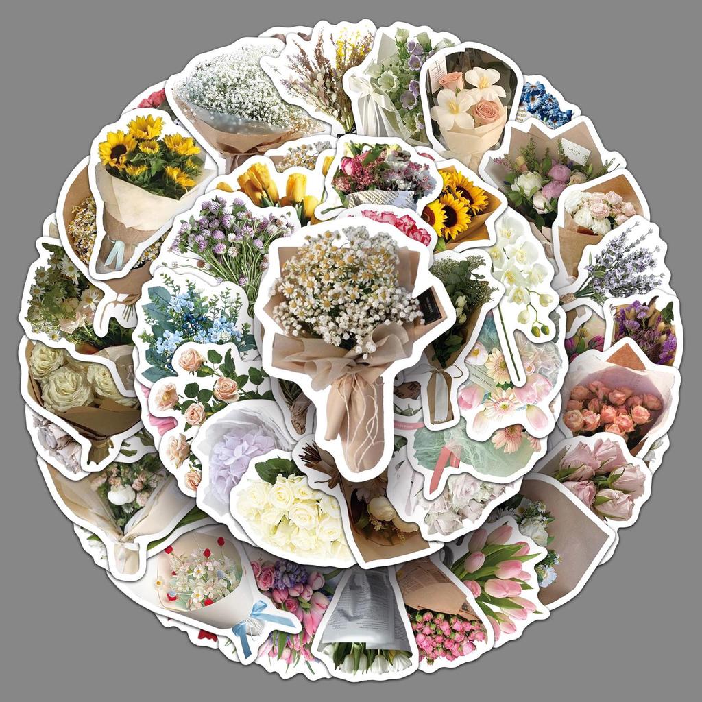 50PCS Retro Flower Bouquet Stickers - Romantic INS Style for Phone, Tablet & Laptop Decoration