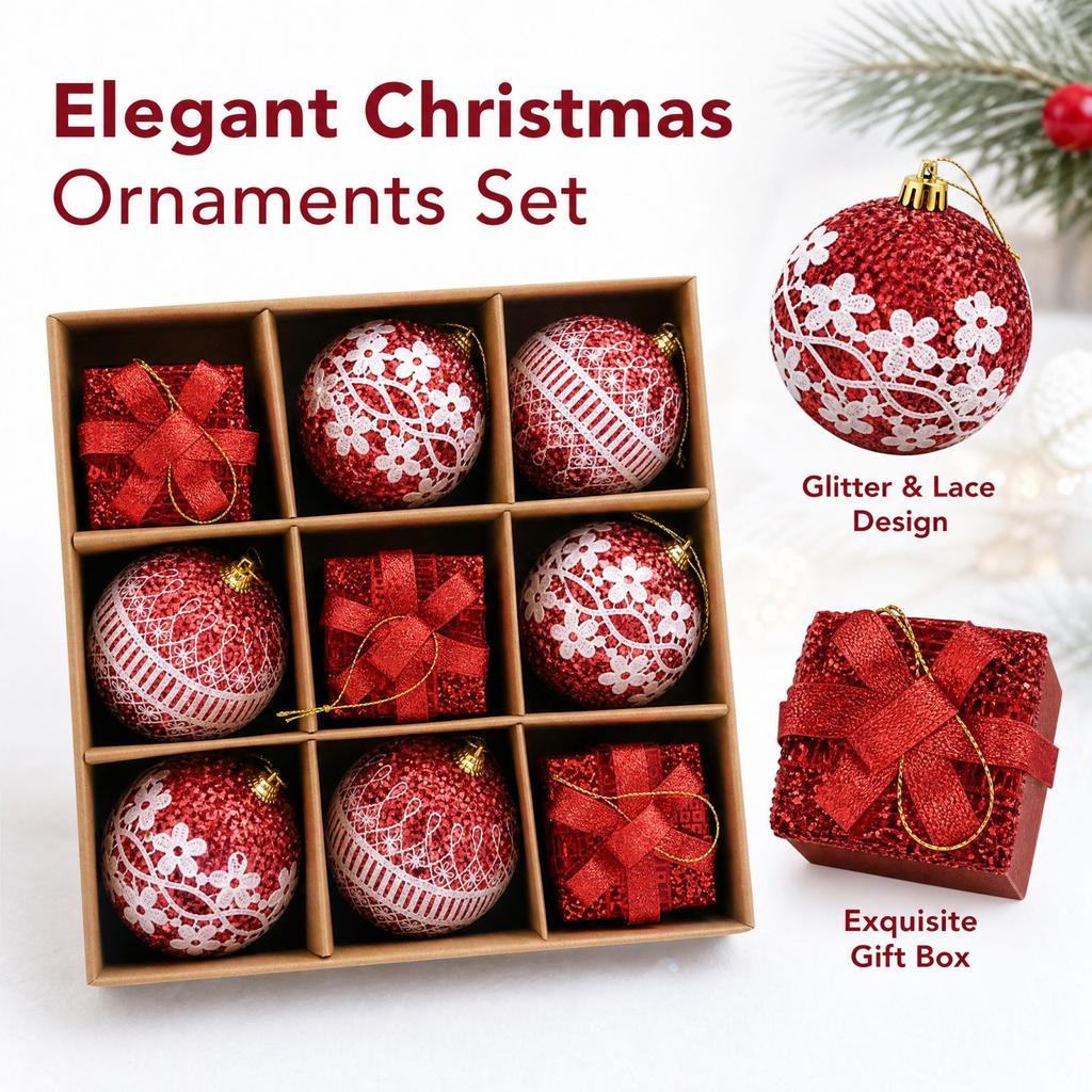 9 Pcs Christmas Gift Hanging Ball Ornament Set, Christmas Tree Decoration Balls with Box