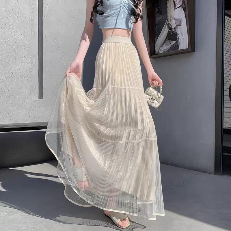 Elegant High-Waist Pleated Mesh Midi Skirt for Women - Summer Style