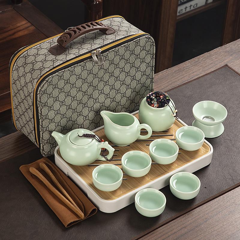 Travel ceramic Kung Fu tea set, tea tray, a full set of portable storage bags, practical business gifts for customers