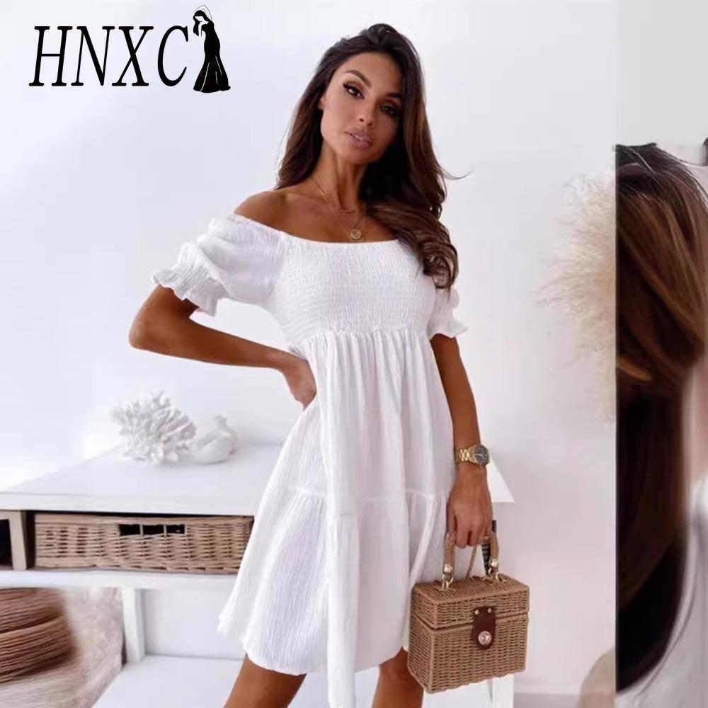 

HNXC Сексуальное платье с разрезом на шее Женское Летнее Плиссированное с пышными рукавами и открытой спиной Вечерние Пляжные платья Женское Элегантное Однотонное Платье до колен S белый