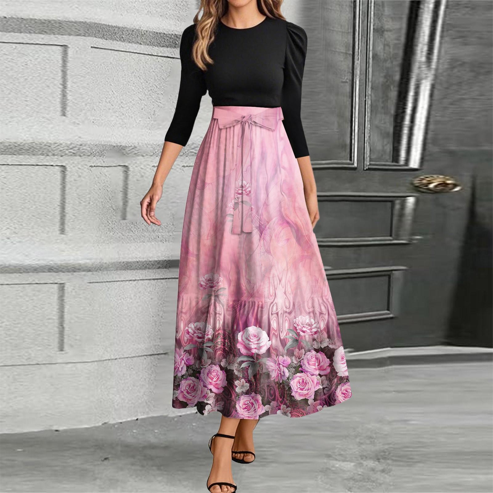 

Женское модное повседневное платье с поясом и круглым вырезом, цветочной вышивкой, элегантное, темпераментное, с рукавами три четверти XL розовый