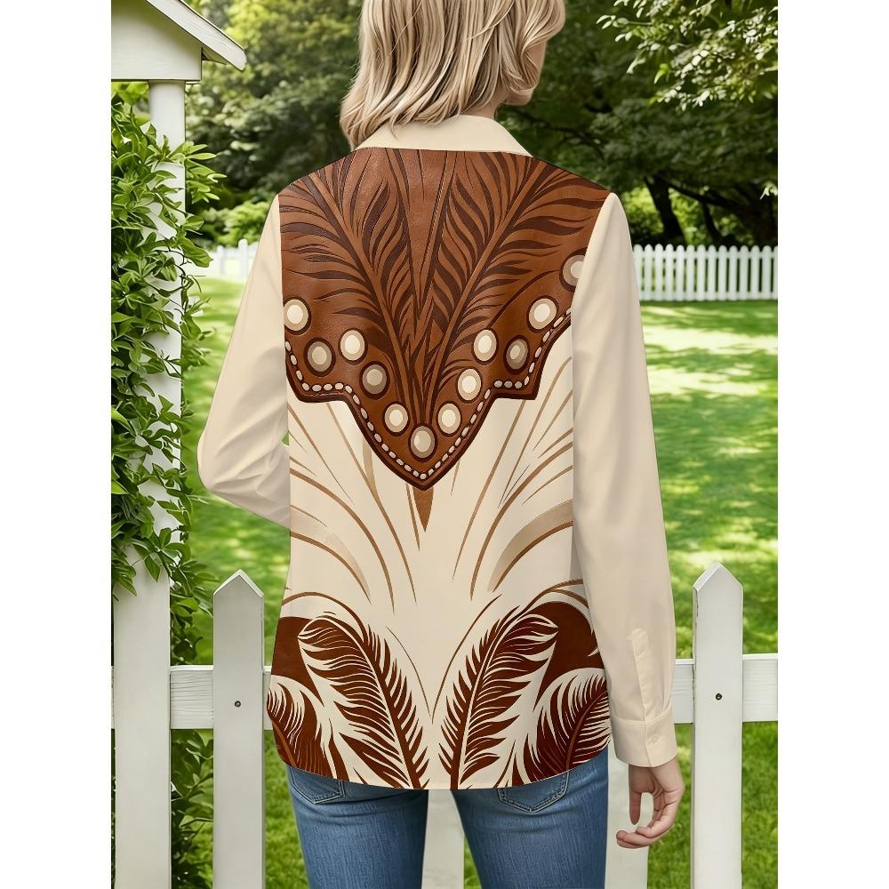 Women's Fashion Long Sleeve Fashion Lapel Shirt with Polka Dot Trim and Tan Full Body Print