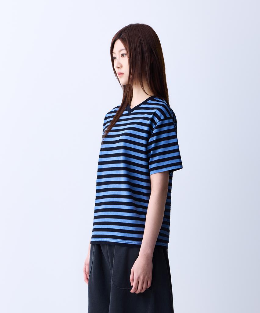 ADERNM Summer Daily Big Stripe Crop V-Neck T-Shirt Blue