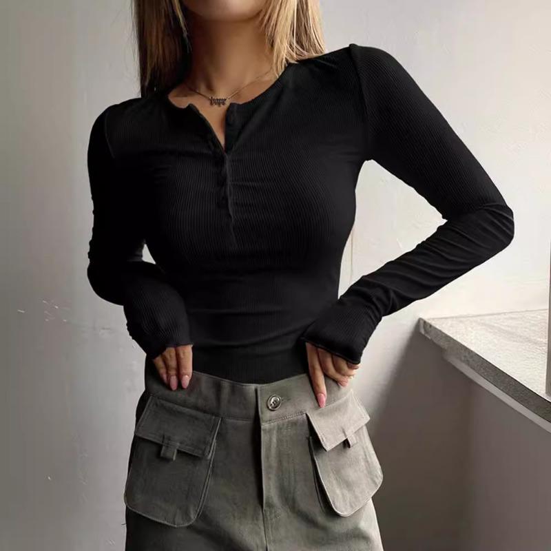 Women S Long Sleeve Button Collar Solid Color Knit Sweater