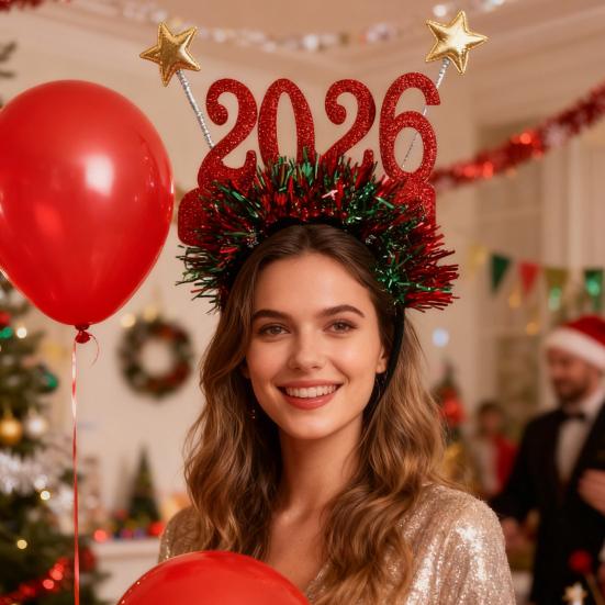 Bentiță cu sclipici 2026 pentru Revelion, petrecere de Crăciun, accesoriu de păr cu stele, acoperământ de cap festiv pentru sărbătoarea numărătorii inverse