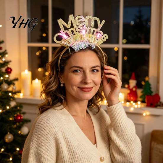 Holiday Headpieces for Kids Adults Light Up Christmas Headbands, Shiny Glitter Santa Hat Tree Reindeer Antler Hairbands, Glowing Headband LED