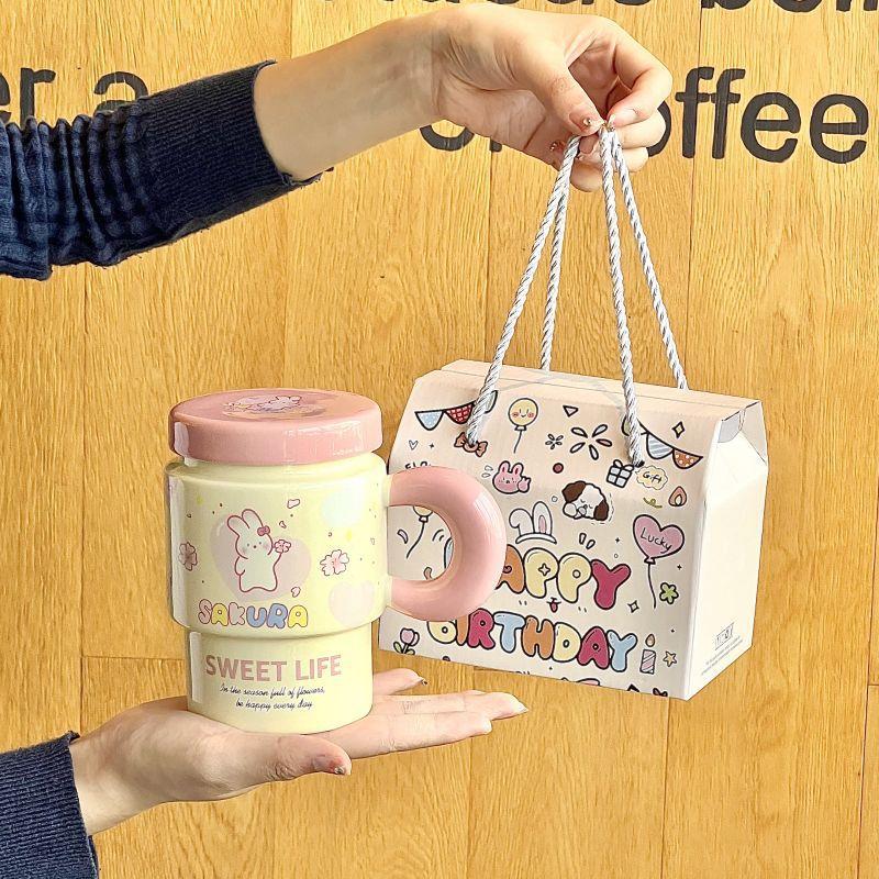 Cute Girl Cherry Blossom Rabbit Cup High-looking Ceramic Mug with Lid Spoon Office Breakfast Coffee Cup