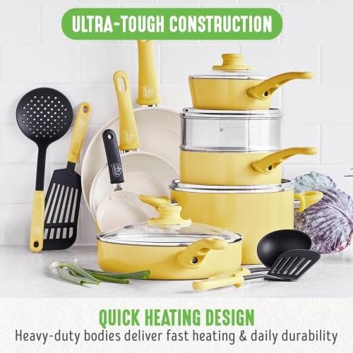 GreenLife 16-Piece Nonstick Cookware Set, Soft Grip, Non-Toxic, PAS-Free, Ceramic Pots and Pans, Dishwasher and Oven Safe, Frying, Saut?ing, and Cookw