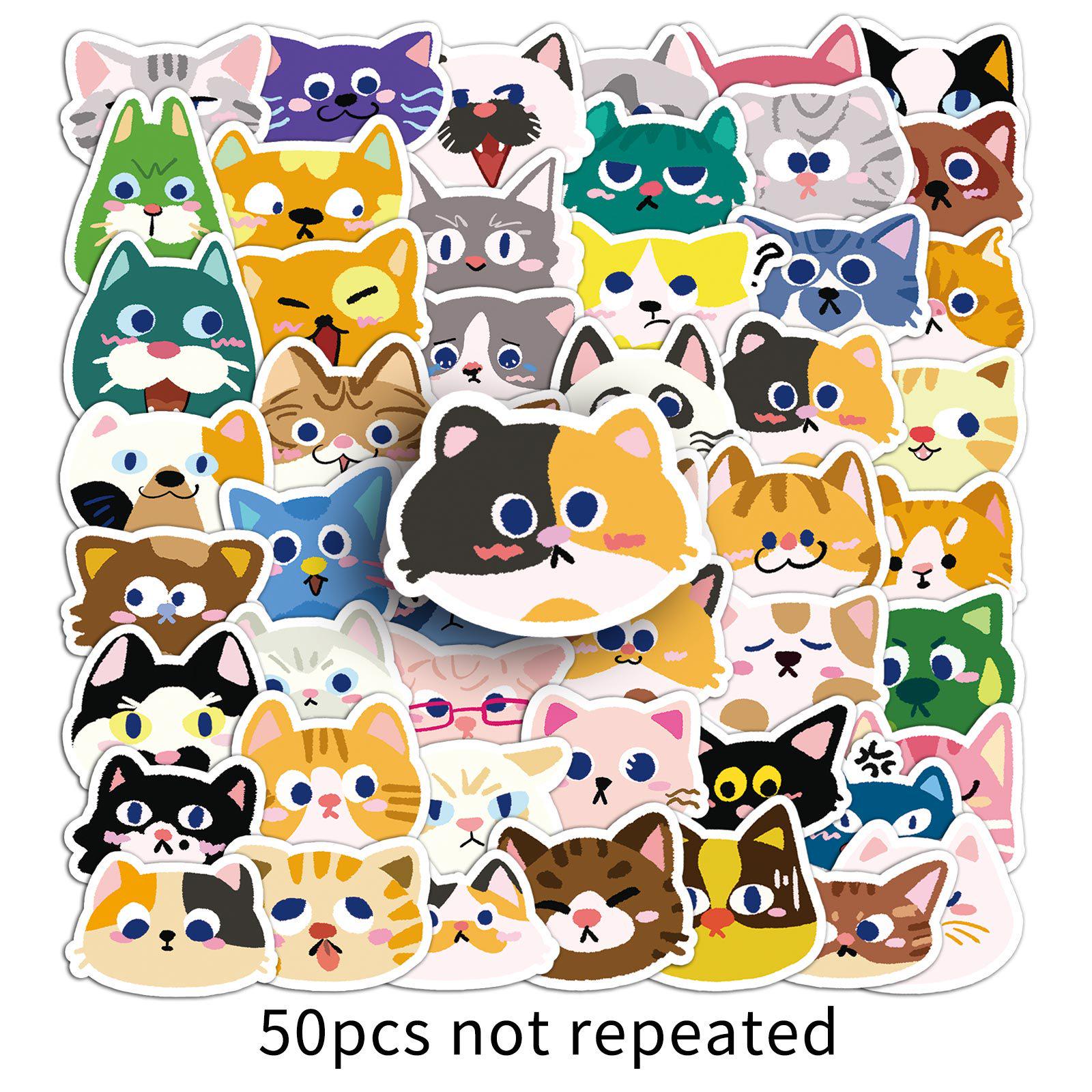 50PCS Cute Cat Head Stickers: Original Cartoon Graffiti Waterproof Decals for Journals and Thermos Cups.