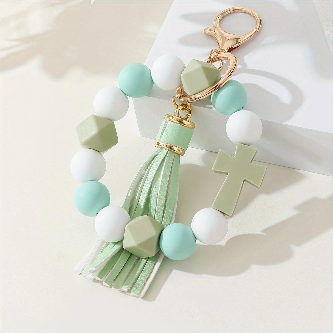 Colorful Silicone Bead Keychain Bracelet with PU Tassel
