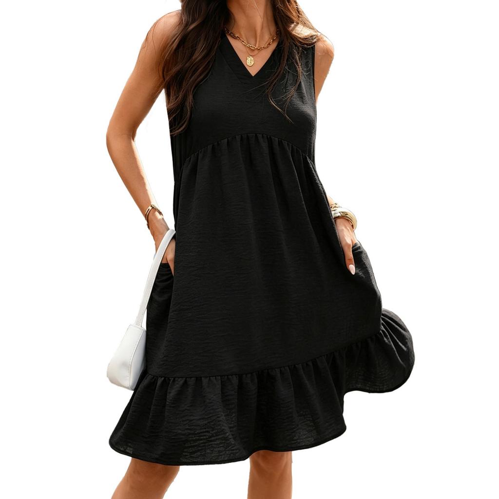 Sleeveless V Neck Ruffle Hem Dress with Pockets Casual Loose Fit Summer Sundress for Women Lightweight Fabric