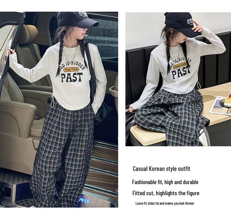 Sportliches zweiteiliges Mädchenset Herbst 2025: Buchstaben Kordelzug T-Shirt & Karierte Hose (Größe 7)