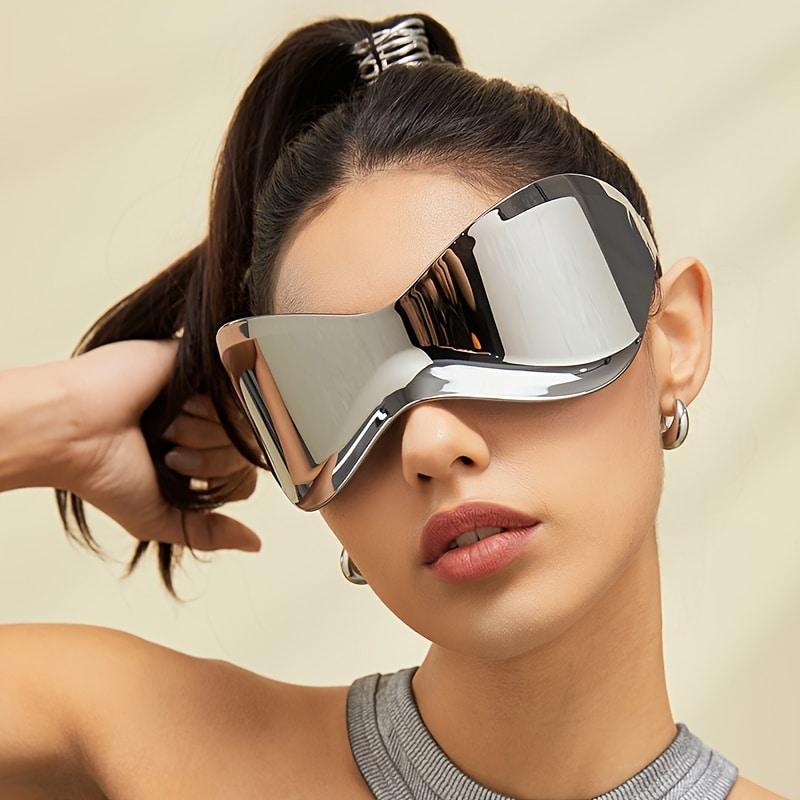 Y2K Wrap Around Glasses For Women Men Futuristic Mirrored Lens Fashion Rimless Sun Shades For Cycling Beach Party