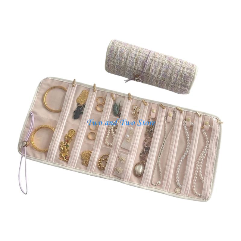 HX6F Sustainable Fabric Jewelry Organiser for Women Portable Multi Compartment Storage Bag For Necklaces Earrings