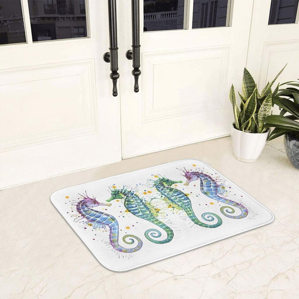1pc Seahorse Bath Mat - Non-Slip Bathroom Mat with Oceanic Seahorse Design In Teal, Green, Purple, Non-Slip Backing for Shower,