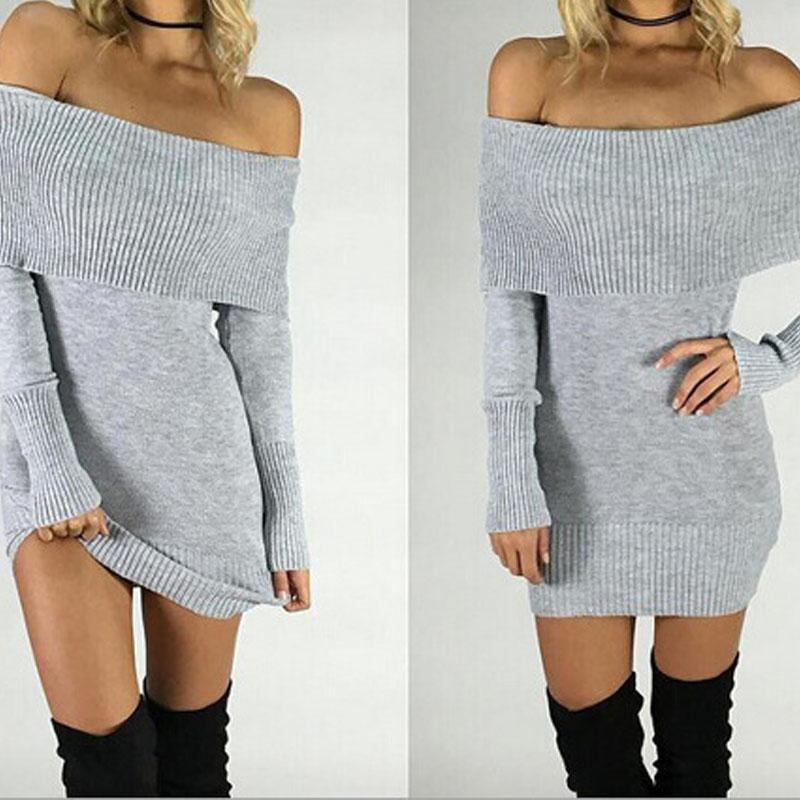 

Свитер с вырезом на шее, женское сексуальное платье с открытыми плечами, элегантное пуловер с длинными рукавами One size серый