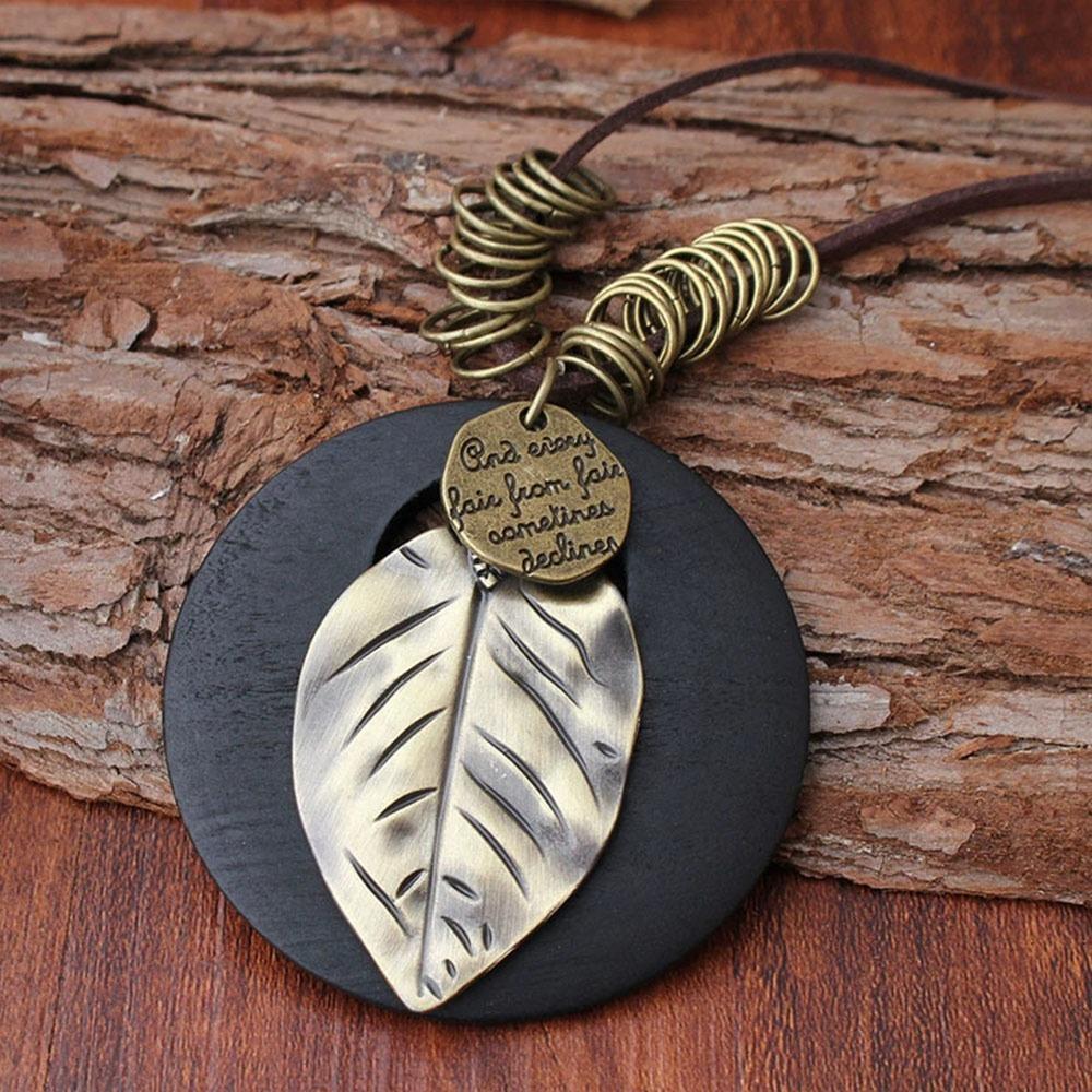 Leather Chain Wooden Pendant Necklace Boho Clothing Pendant Vintage Necklace  for Women Men