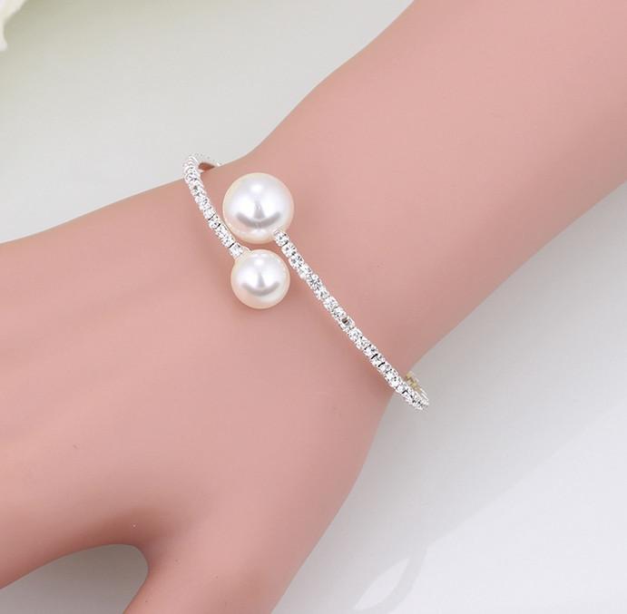 Wedding Necklace and Bangle Set Imitation Pearl Decor Full Rhinestones Jewelry for Ladies and Mother Decoration