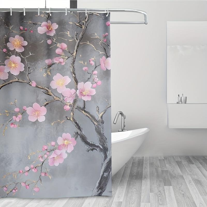 1pc High-Quality Plum Blossom Shower Curtain, Easy-Clean Polyester, Serene Floral Design, Modern Bathroom Decor, Includes Hooks