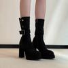 Small Super High Heel Waterproof Table Small Short Boots Women's Retro Belt Buckle Side Zipper Elastic Thin Boots