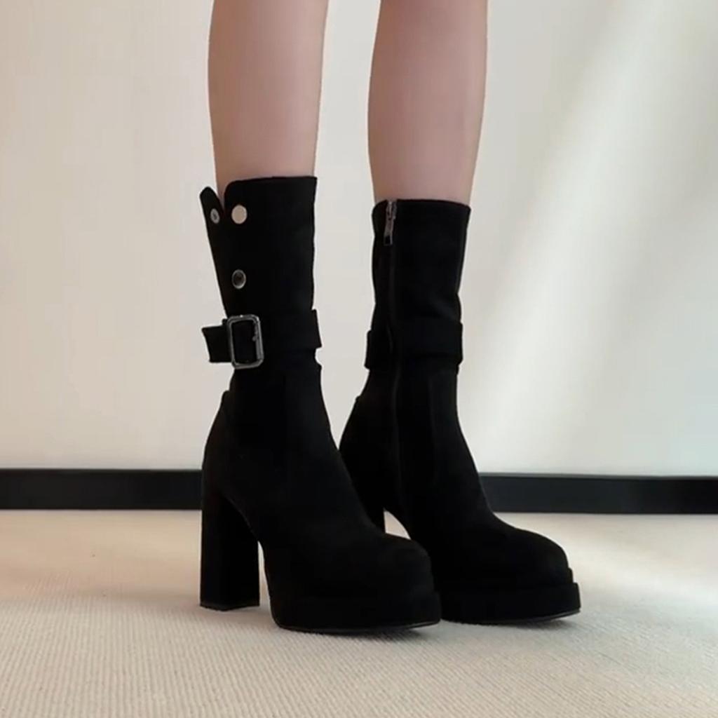 Small Super High Heel Waterproof Table Small Short Boots Women's Retro Belt Buckle Side Zipper Elastic Thin Boots