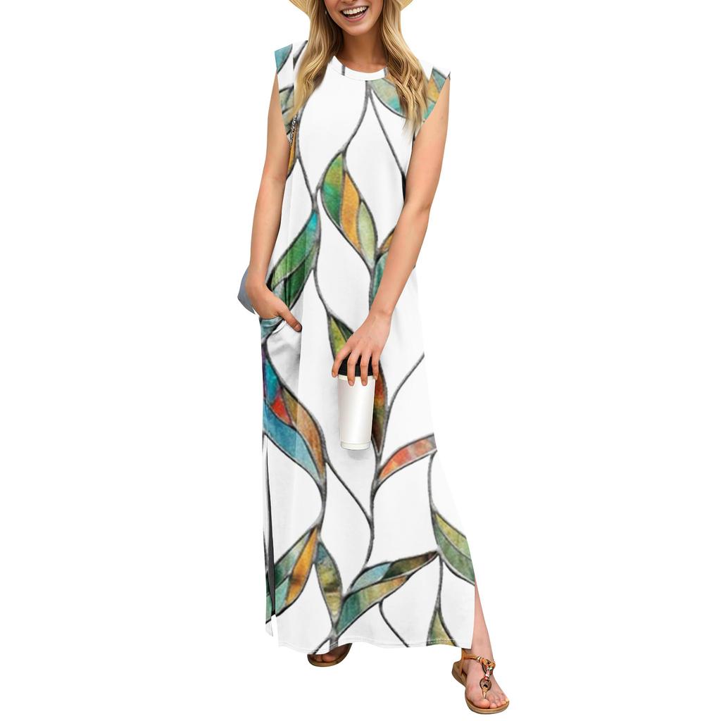 Letní šaty pro ženy s kulatým výstřihem Ležérní volný potisk s děleným potiskem bez vrásek dlouhé maxi plážové šaty s kapsami