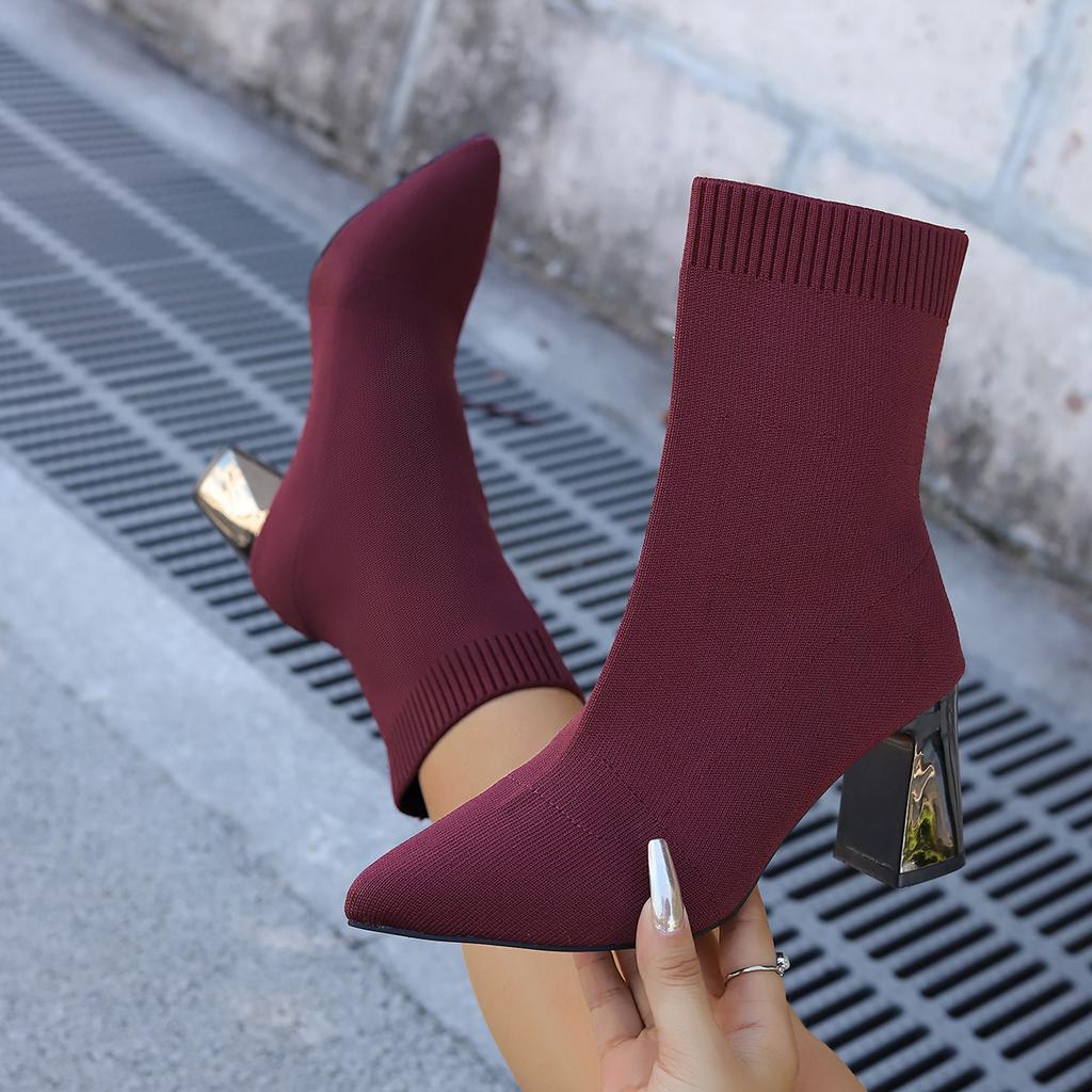 Women's Boots Temperament Pointed High-heeled Boot Elastic Socks Slim Fit Short Boots 2026 Autumn Winter New Women's Ankle Boots