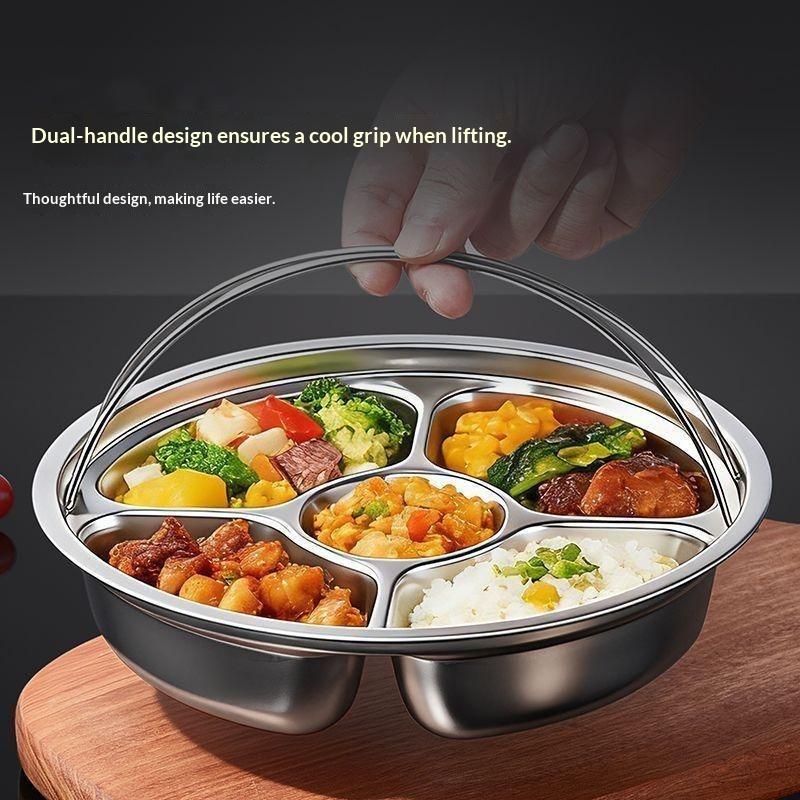 Stainless Steel 5 Compartment Steaming Plate With Handle Divided Food Tray Round Serving Plate For Home Kitchen Meal Prep