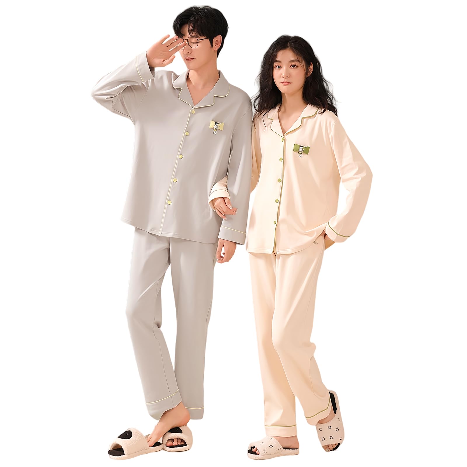 

AQRTPXU Matching Pajamas for Men and Top and Bottoms Open Long Loose Perfect for Gift Women, Loungewear, Set, Cotton, Spring, Summer, Autumn, Collar, абрикосовый