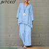 BITCED Women's Solid Vintage Pants Set Cotton Linen Casual Long Sleeve Loose Cotton Set