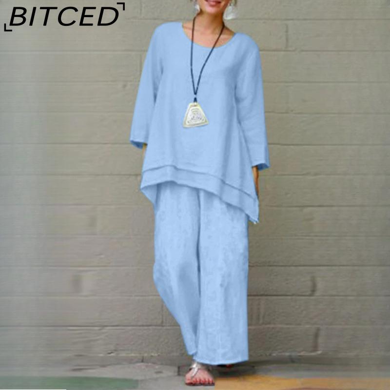 

BITCED Жіночий однотонний вінтажний брючний костюм з бавовни та льону, повсякденний, з довгим рукавом, вільний бавовняний комплект S небо синє кольору