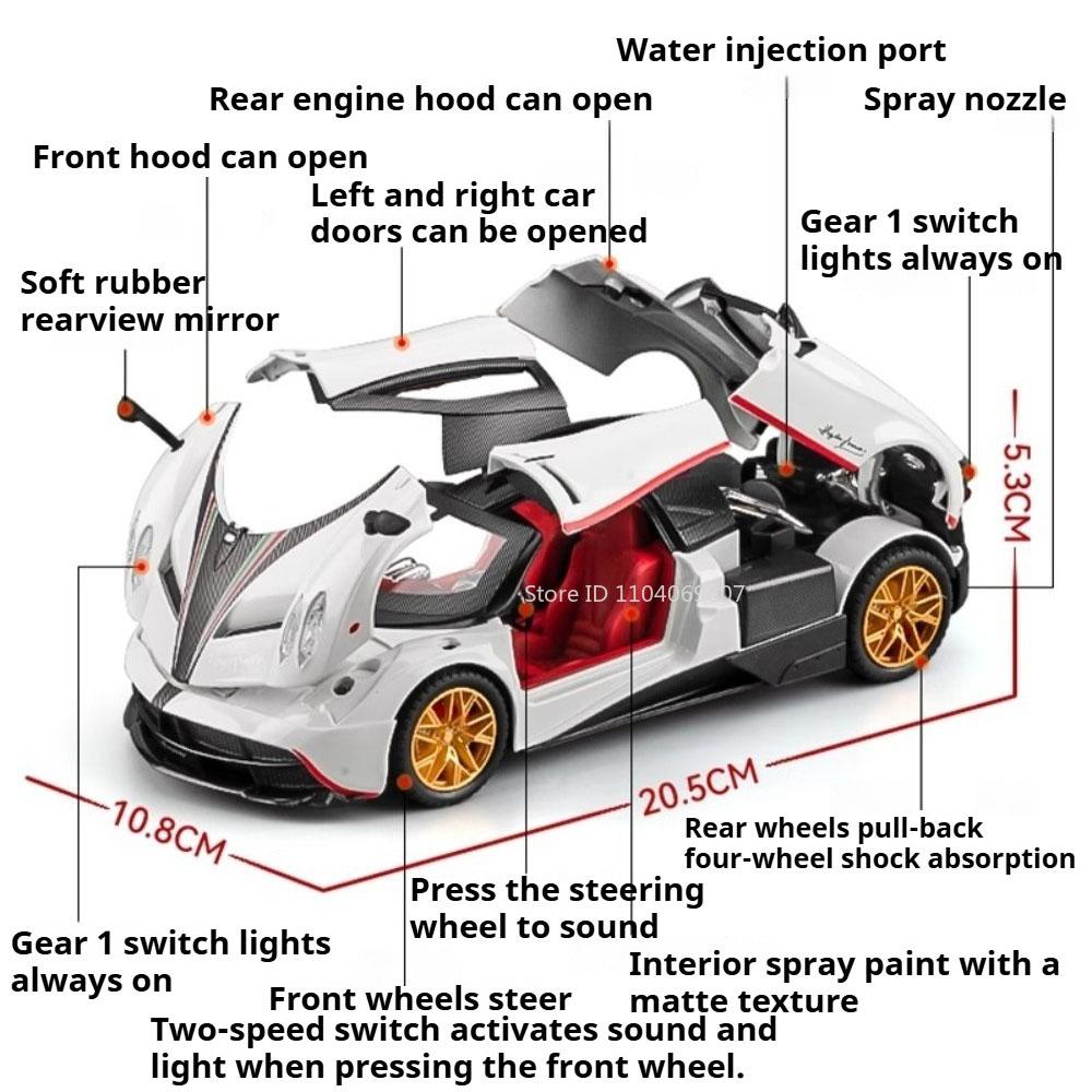 1:24 Huayra Senna Toy Car Spray Supercar Models Metal Diecast Doors Opened Front Wheel Steering Shock Absorption for Kids Gifts