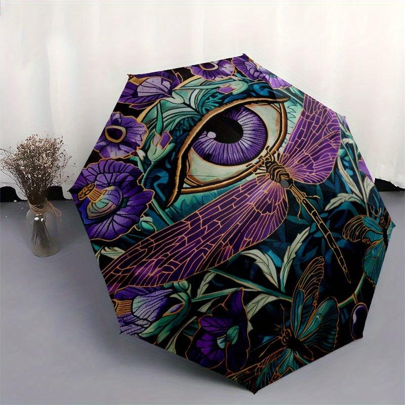 Enchanted Garden: Dragonfly & Eye Tapestry Umbrella, Cute Umbrella with Cute Design, Portable 3-Fold Compact Umbrella for Men & Women, Valentine's Day
