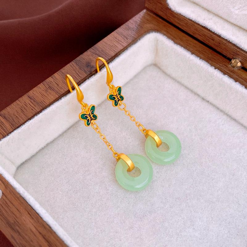 Elegant Hanfu Geometric Butterfly Jade Earrings for Women