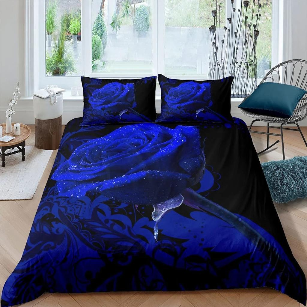 Blue Rose Floral King Queen Duvet Cover 3D Blossom Flowers Bedding Set Valentine's Day Quilt Cover Botanical Comforter Cover