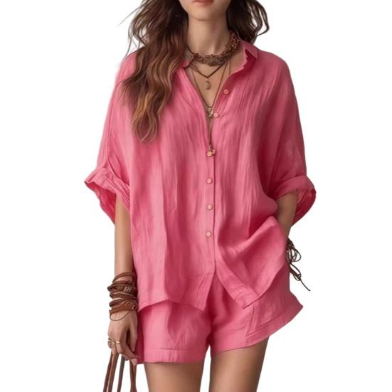 Women Summer Two Piece Outfit Casual Short Sleeve Button Down Shirt And Shorts Casual Lounge Sets with Pockets