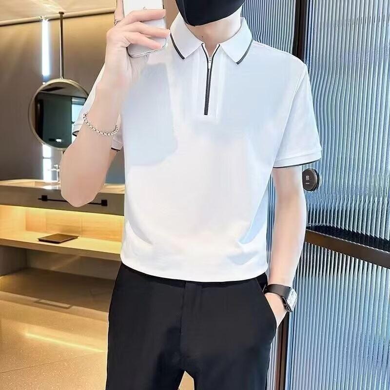 New American Simple Short-Sleeved Polo Shirt Men'S Hong Kong Style Loose High-End Light Ripe Style Retro Lapel Top